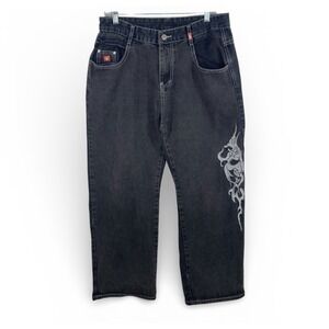 Vintage 90s JNCO Jeans Youth XL Black Wide Leg Embroidered Hip Hop Scater